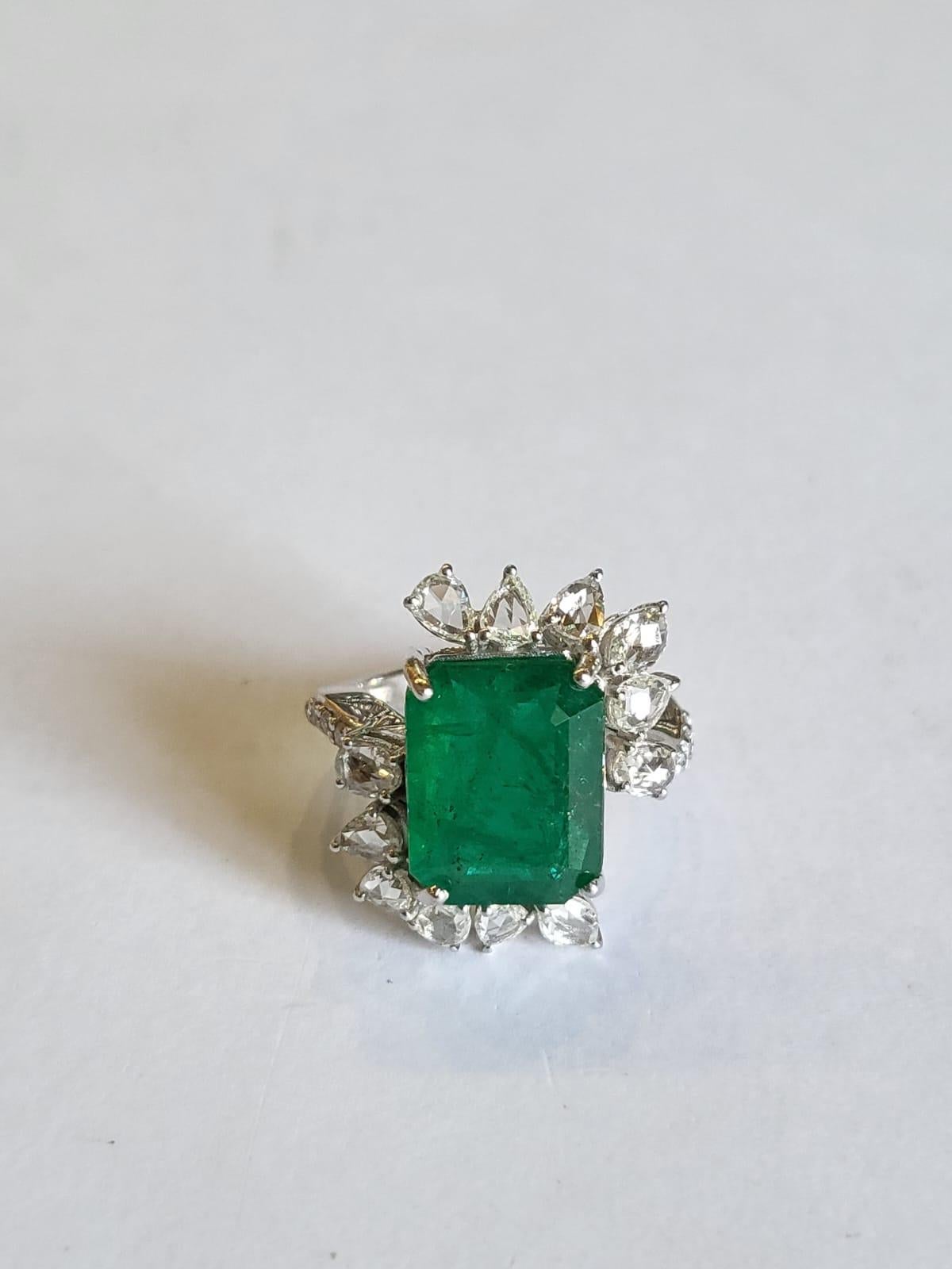 6.99 Carats Natural Zambian Emerald & Rose Cut Diamonds Engagement Cocktail Ring For Sale 1