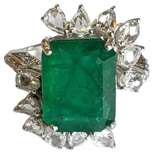 6.99 Carats Natural Zambian Emerald & Rose Cut Diamonds Engagement Cocktail Ring For Sale