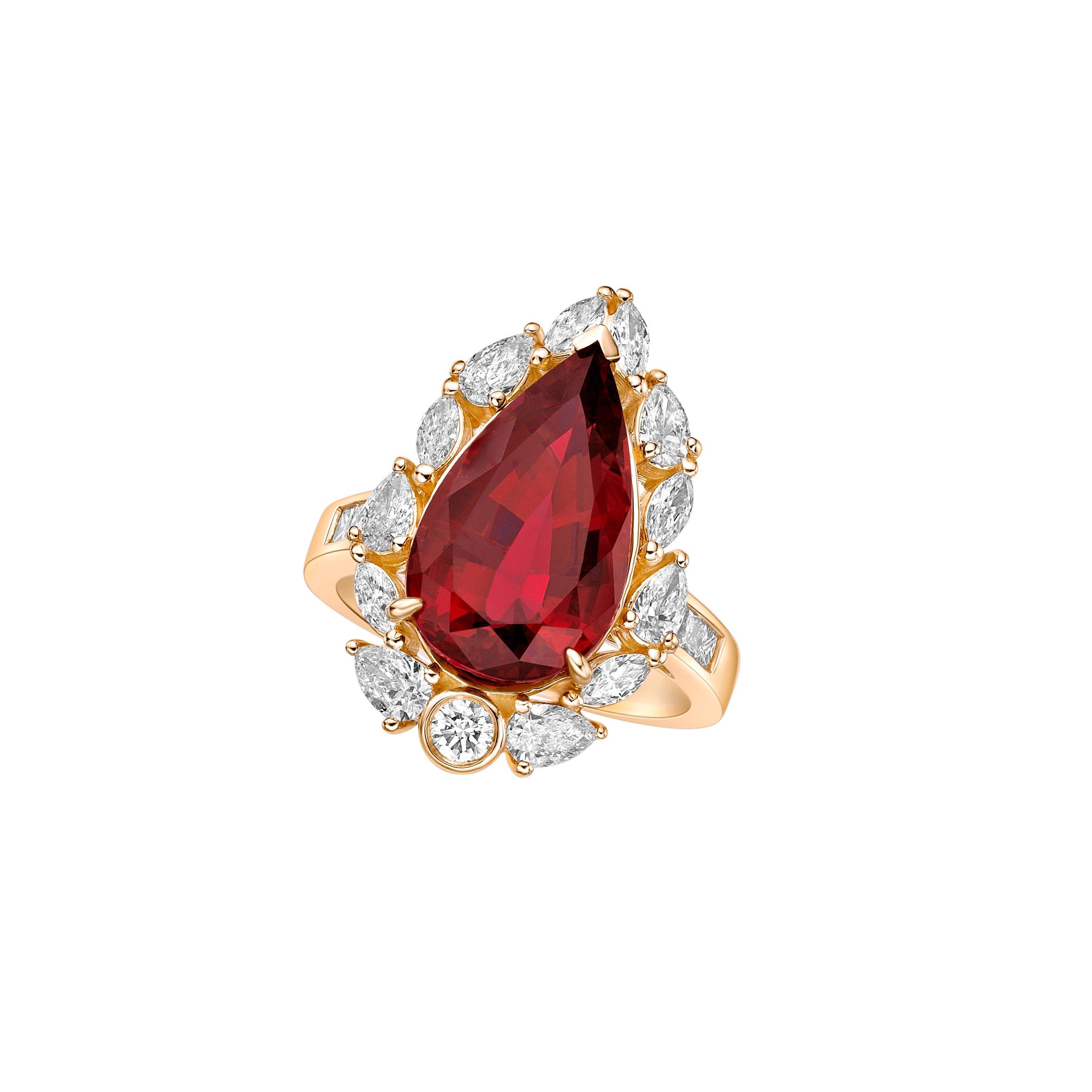 Pear Cut 6.991 Carat Rubelite Fancy Ring in 18Karat Yellow Gold with White Diamond. For Sale