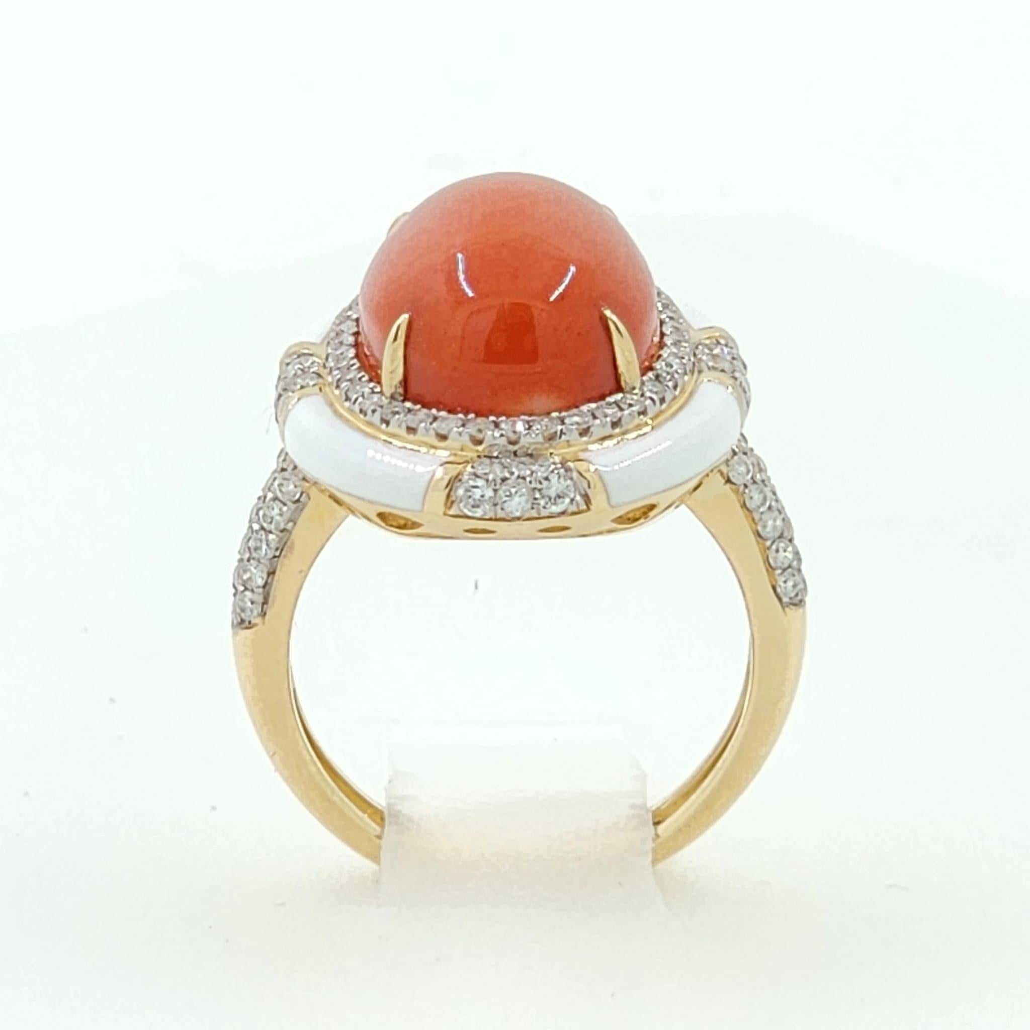 6.9ct Salmon Coral Diamond Enamel Ring in 18 Karat Yellow Gold In New Condition For Sale In Hong Kong, HK