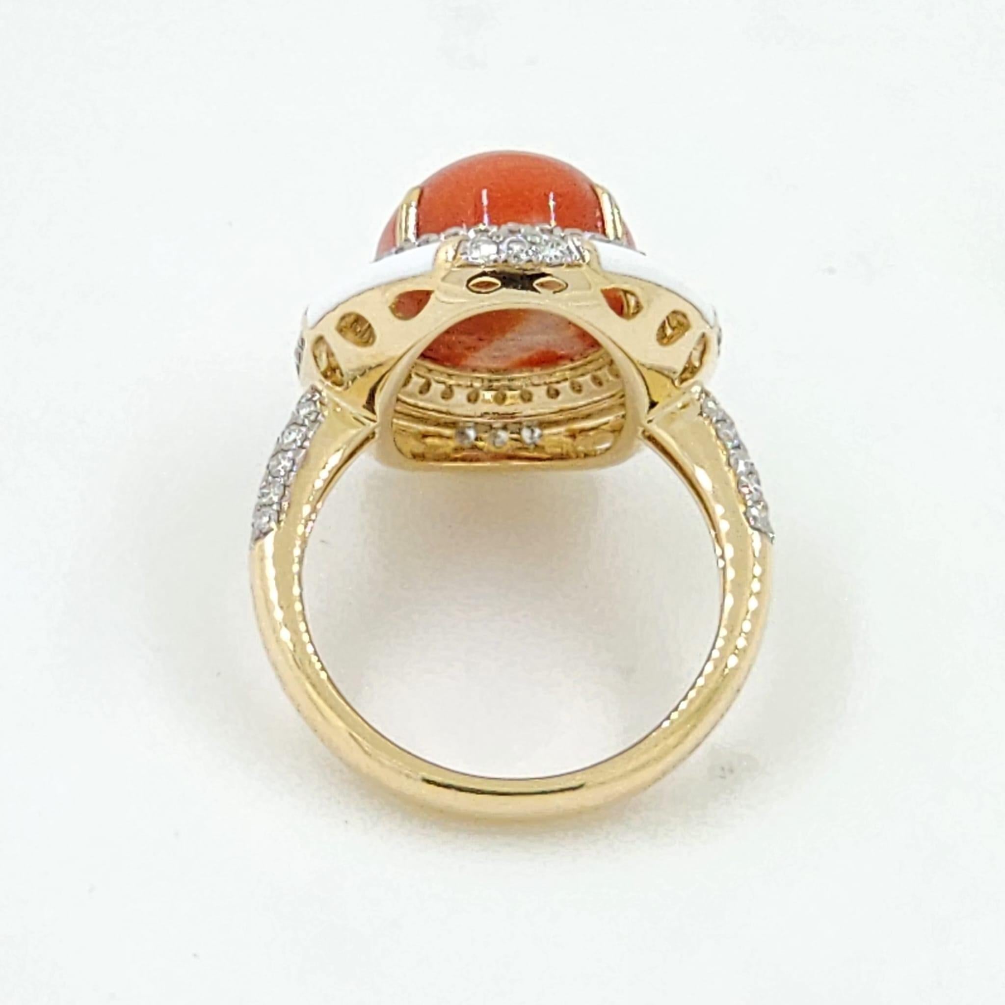 Women's 6.9ct Salmon Coral Diamond Enamel Ring in 18 Karat Yellow Gold For Sale