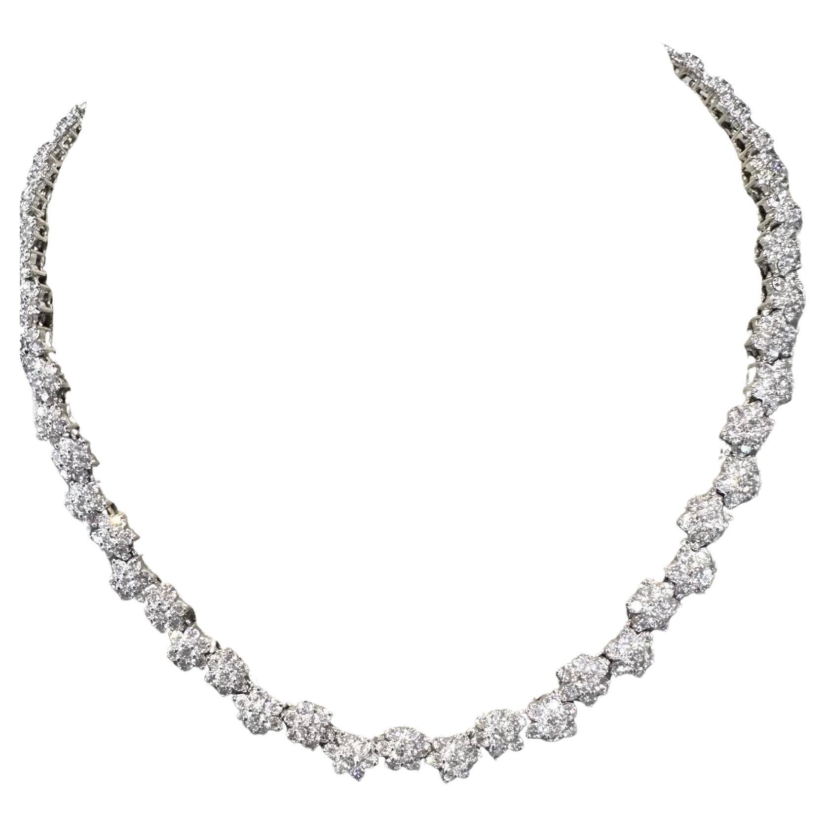 6.9ctw Floral Motif Diamond Riviera 14k White Gold Necklace For Sale