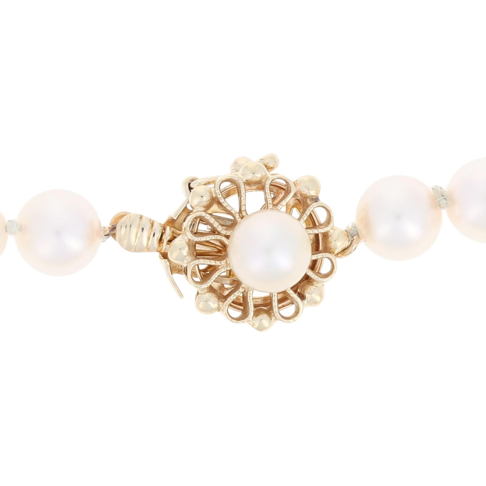 Bead Akoya Pearl Necklace, 14k Yellow Gold Clasp Single Knotted Strand