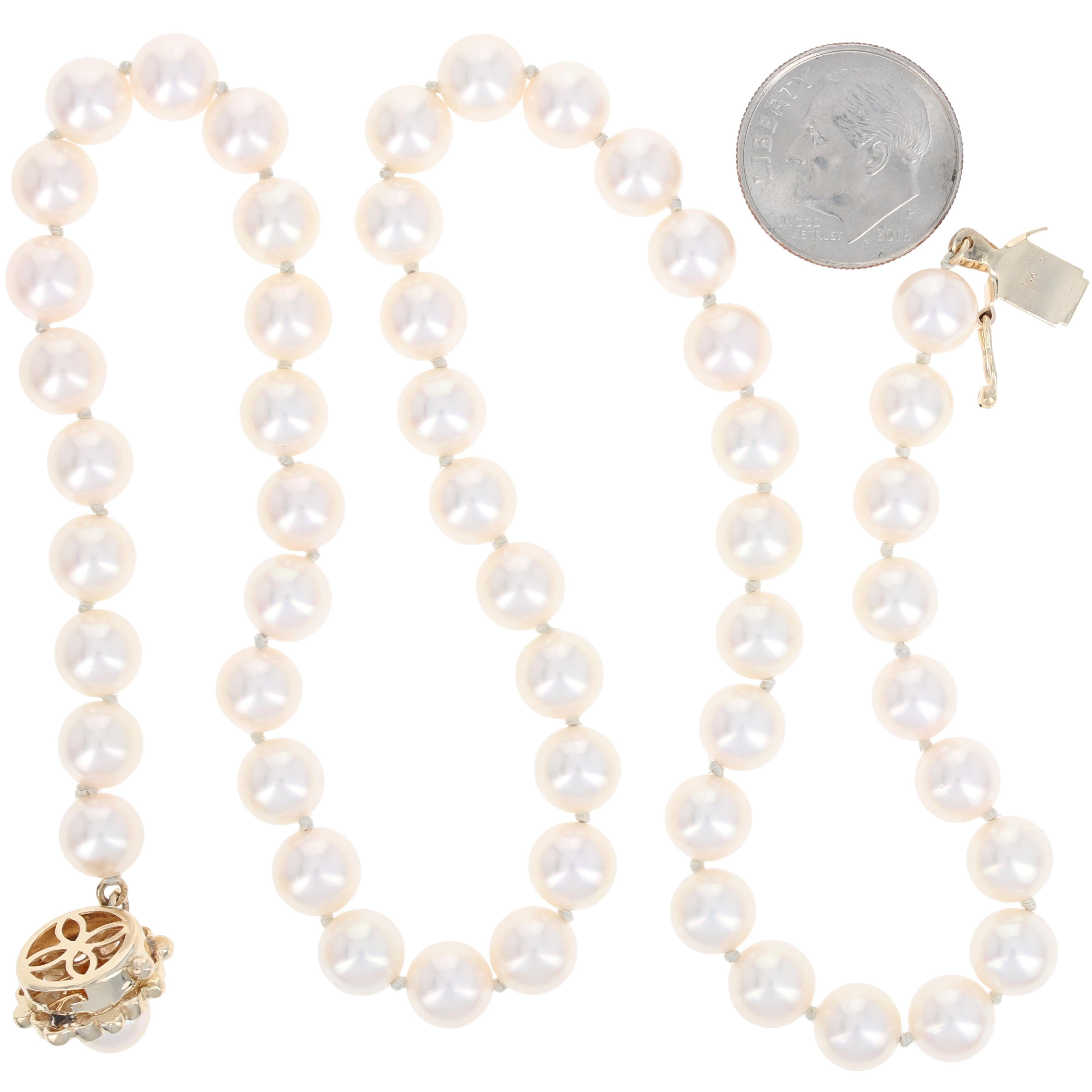 Women's Akoya Pearl Necklace, 14k Yellow Gold Clasp Single Knotted Strand
