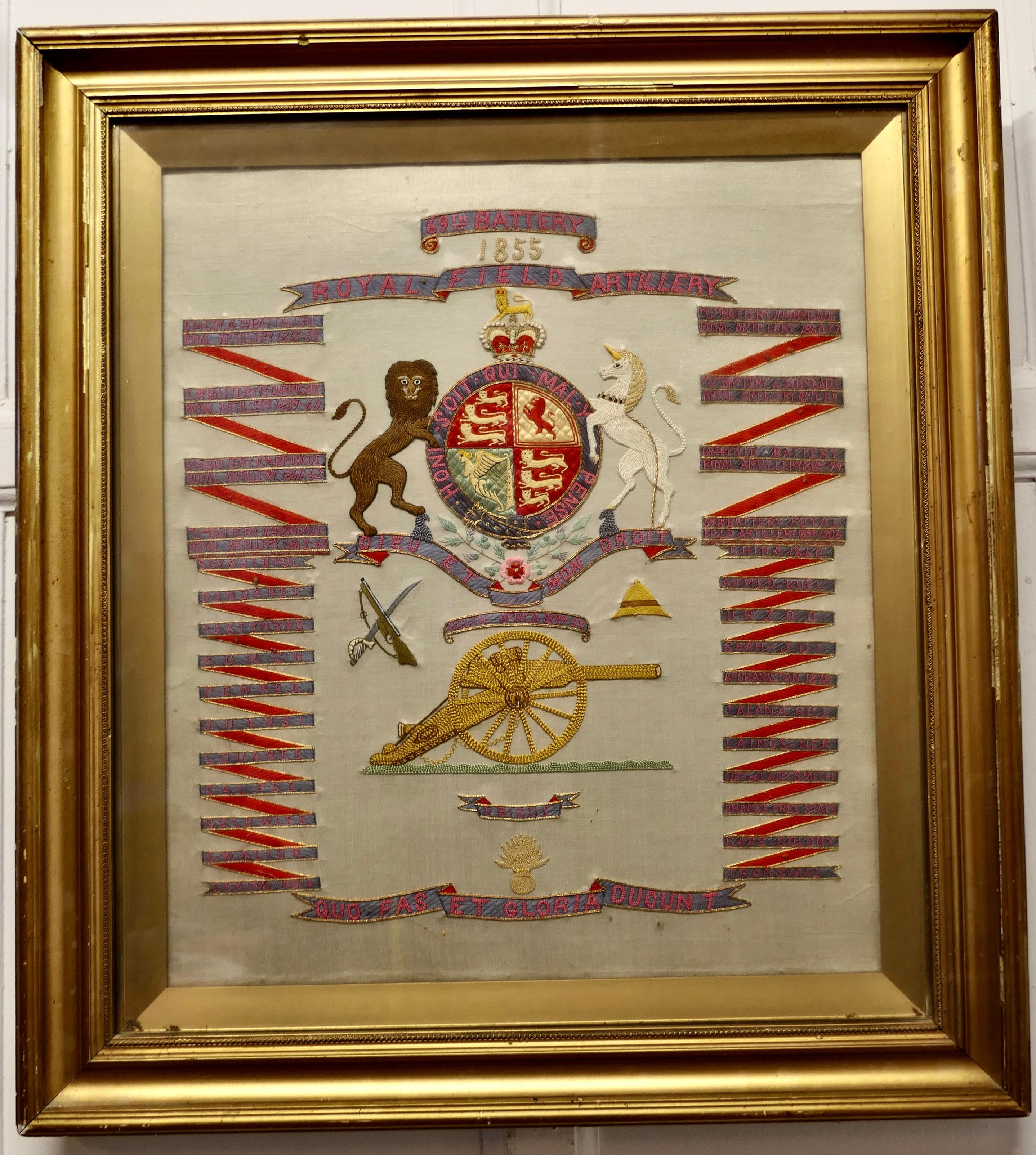 Folk Art  69th Battery Royal Field Artillery Framed Commemorative Embroidery     For Sale