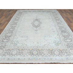 6'9"x10'10" Gray Distressed Hand Knotted Worn Wool Washed Out Persian Kerman Rug