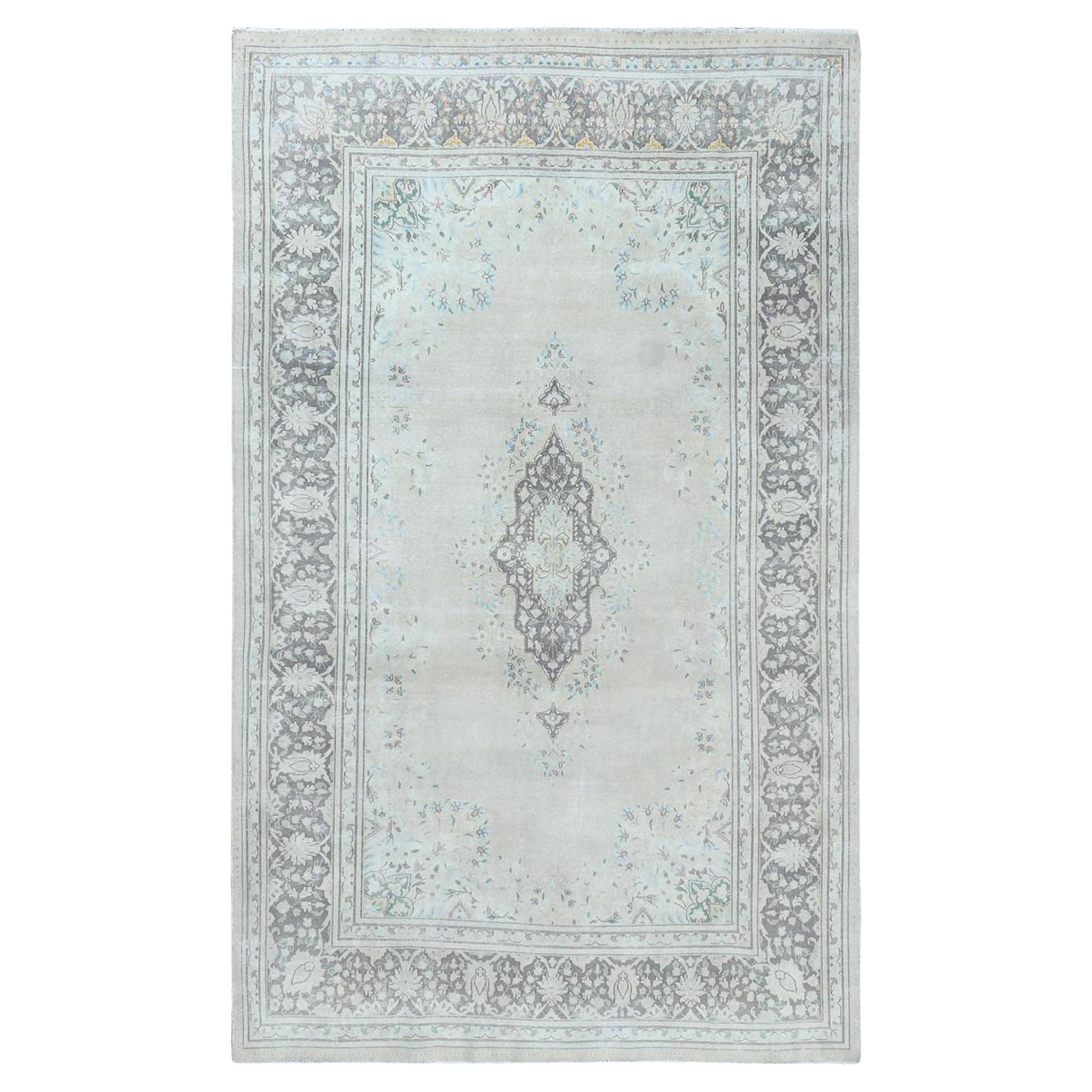 6'9"x10'10" Gray Distressed Hand Knotted Worn Wool Washed Out Persian Kerman Rug