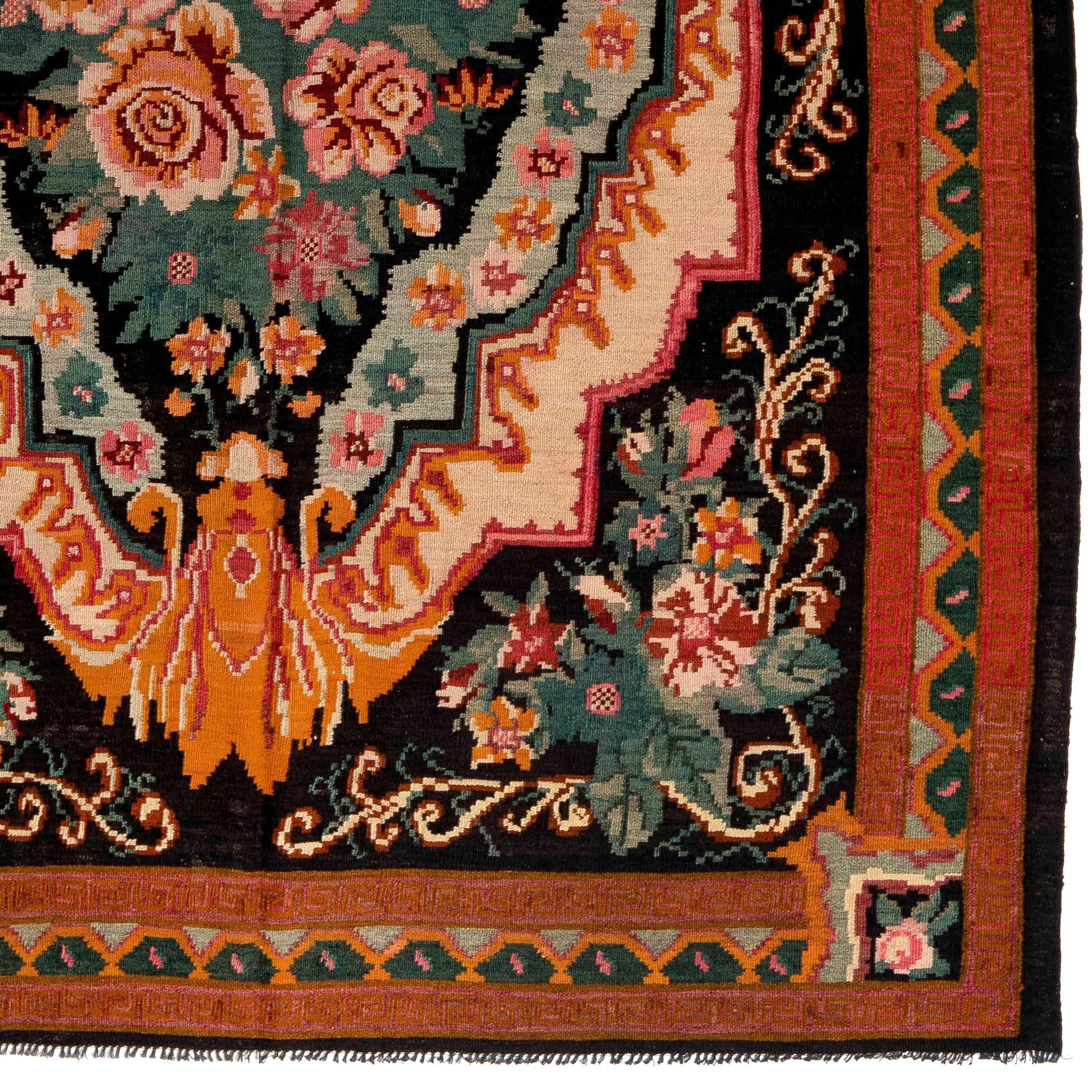 Bohème 6.9x10.2 Ft Vintage Floral Bessarabian Kilim, Tapis de laine tissé à la main de Moldavie en vente