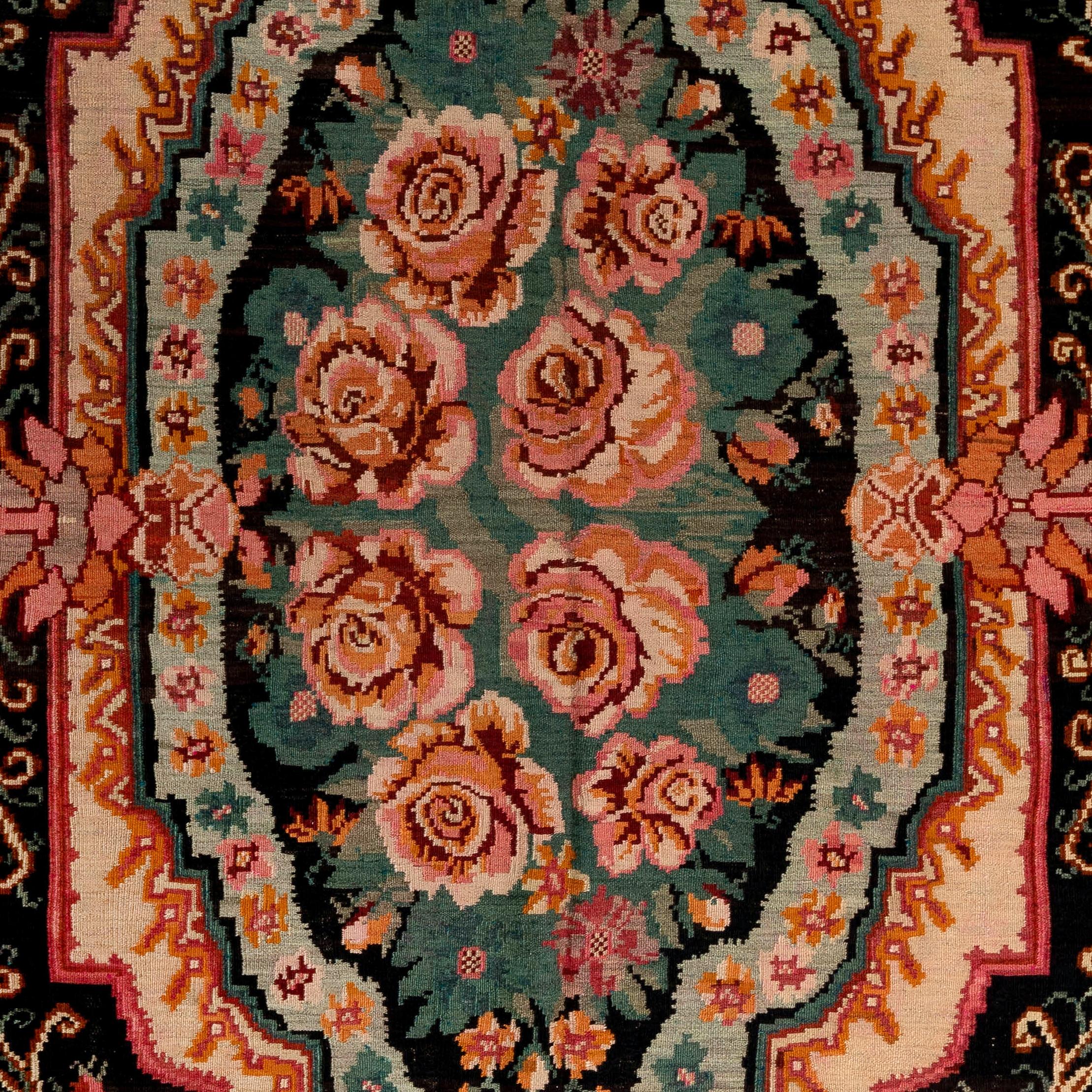 Moldave 6.9x10.2 Ft Vintage Floral Bessarabian Kilim, Tapis de laine tissé à la main de Moldavie en vente