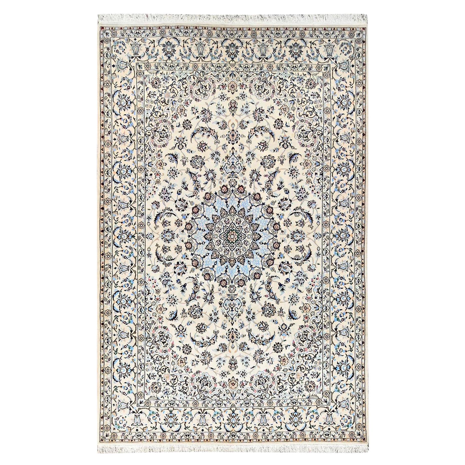 6
9"x10
2" Ivory Persian Nain Hand Knotted 300 KPSI Wool and Silk Oriental Rug