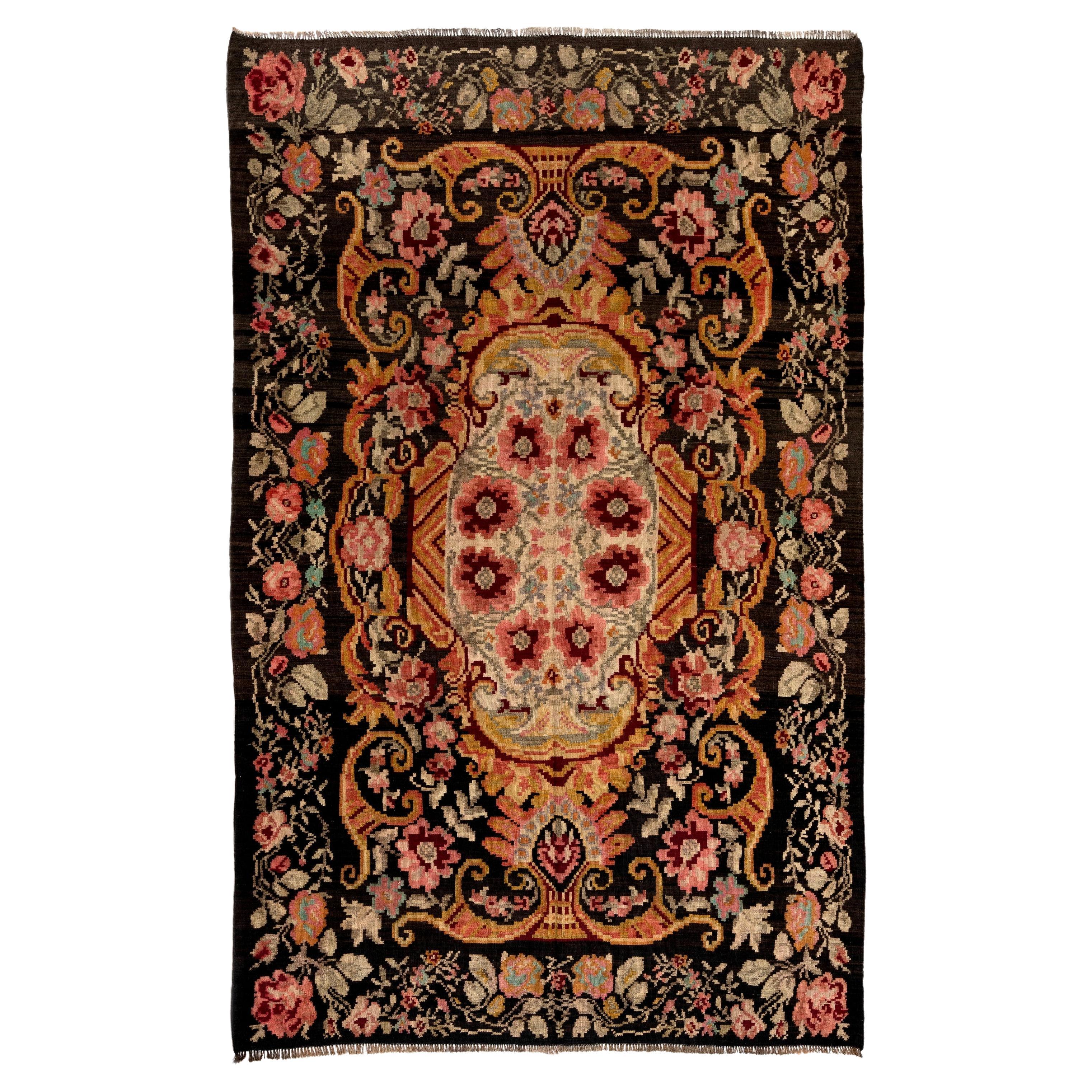  6.9x10.3 Ft Handmade Bessarabian Wool Kilim Vintage Floral Pattern Moldovan Rug