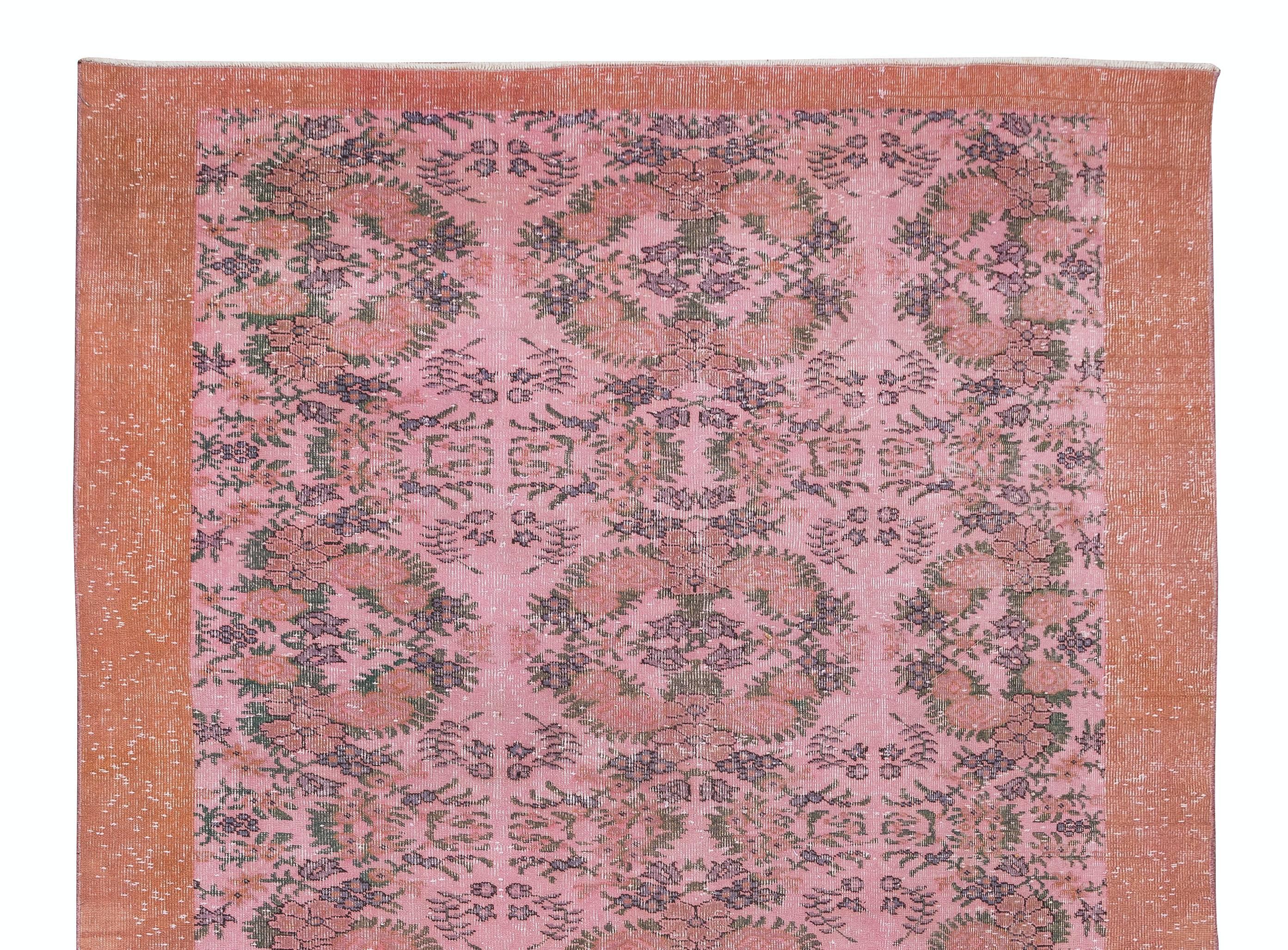 Hand-Knotted 7x10.7 Ft Handmade Floral Pattern Anatolian Area Rug in Pink 4 Modern Interiors For Sale
