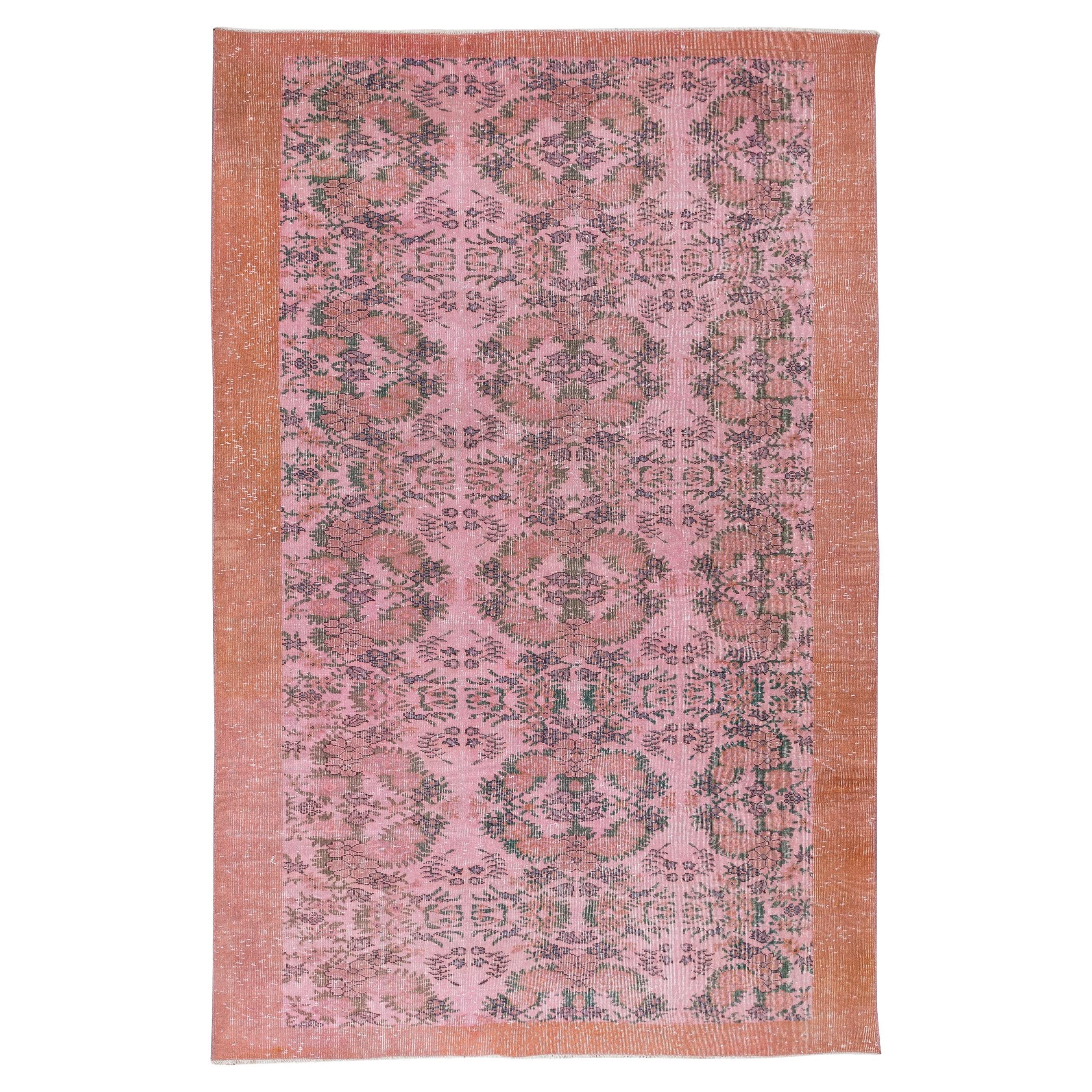 7x10.7 Ft Handmade Floral Pattern Anatolian Area Rug in Pink 4 Modern Interiors For Sale