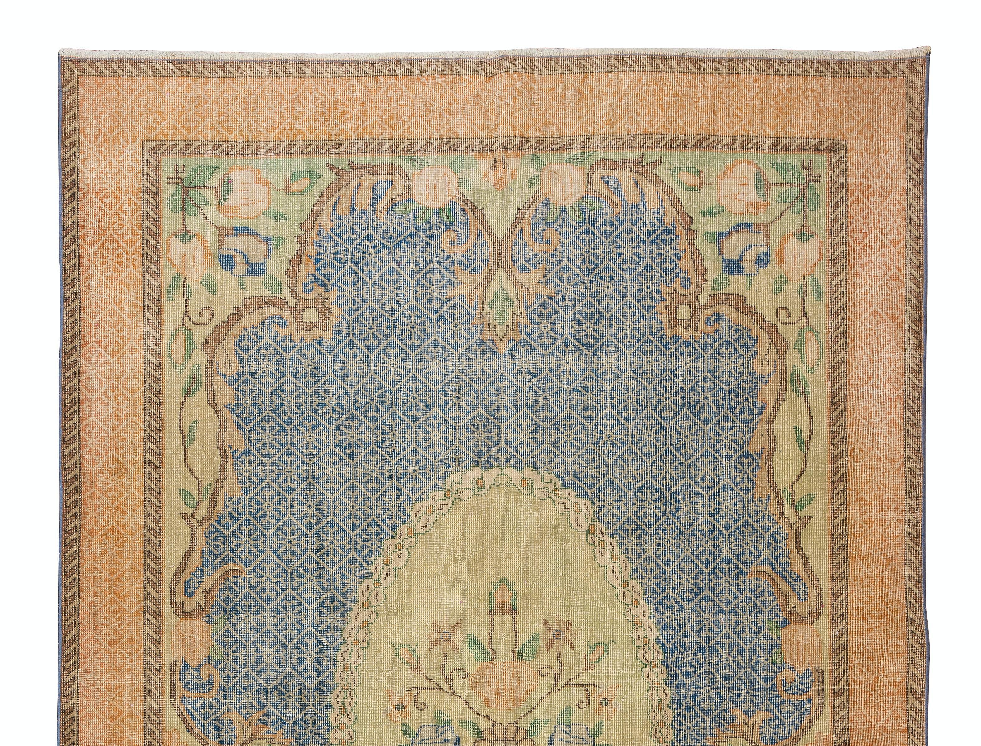 Hand-Knotted 6.9x10.7 Ft Mid-20th Century Hand Knotted Floral Turkish Wool Area Rug For Sale