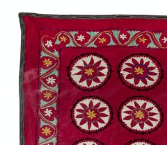 6.9x6.9 Ft Silk Embroidery Bed Cover, Dark Red Wall Hanging, Vintage Tablecloth
