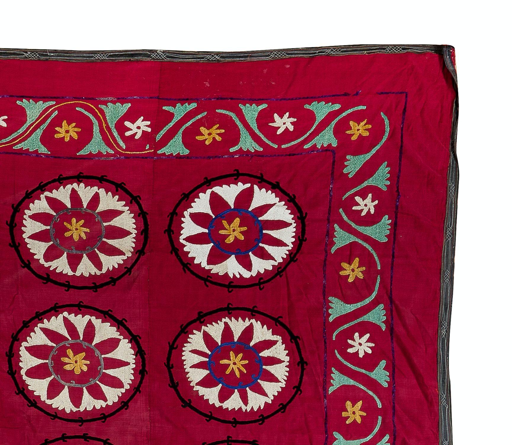 Suzani 6.9x6.9 Ft Silk Embroidery Bed Cover, Dark Red Wall Hanging, Vintage Tablecloth For Sale