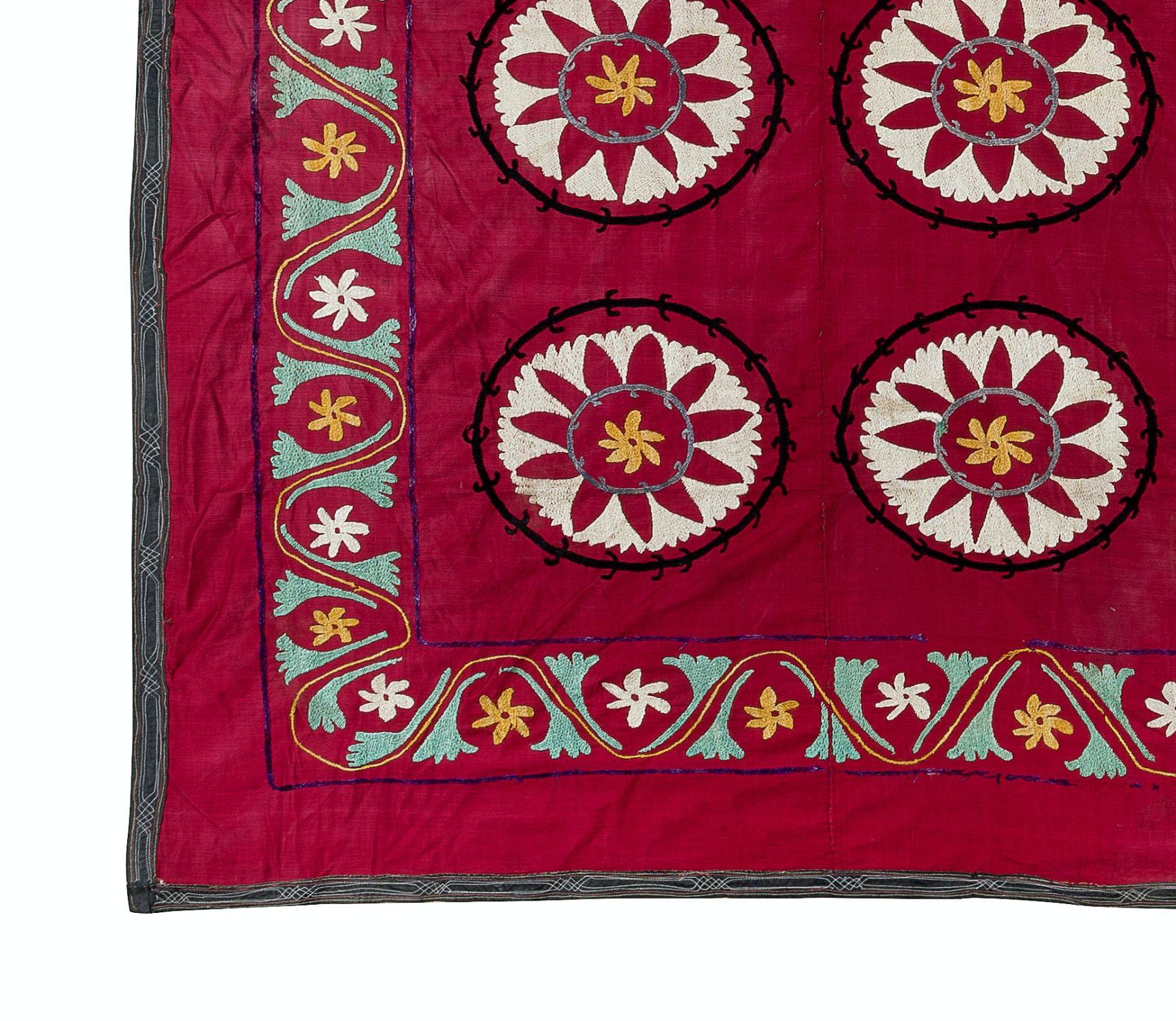 Uzbek 6.9x6.9 Ft Silk Embroidery Bed Cover, Dark Red Wall Hanging, Vintage Tablecloth For Sale