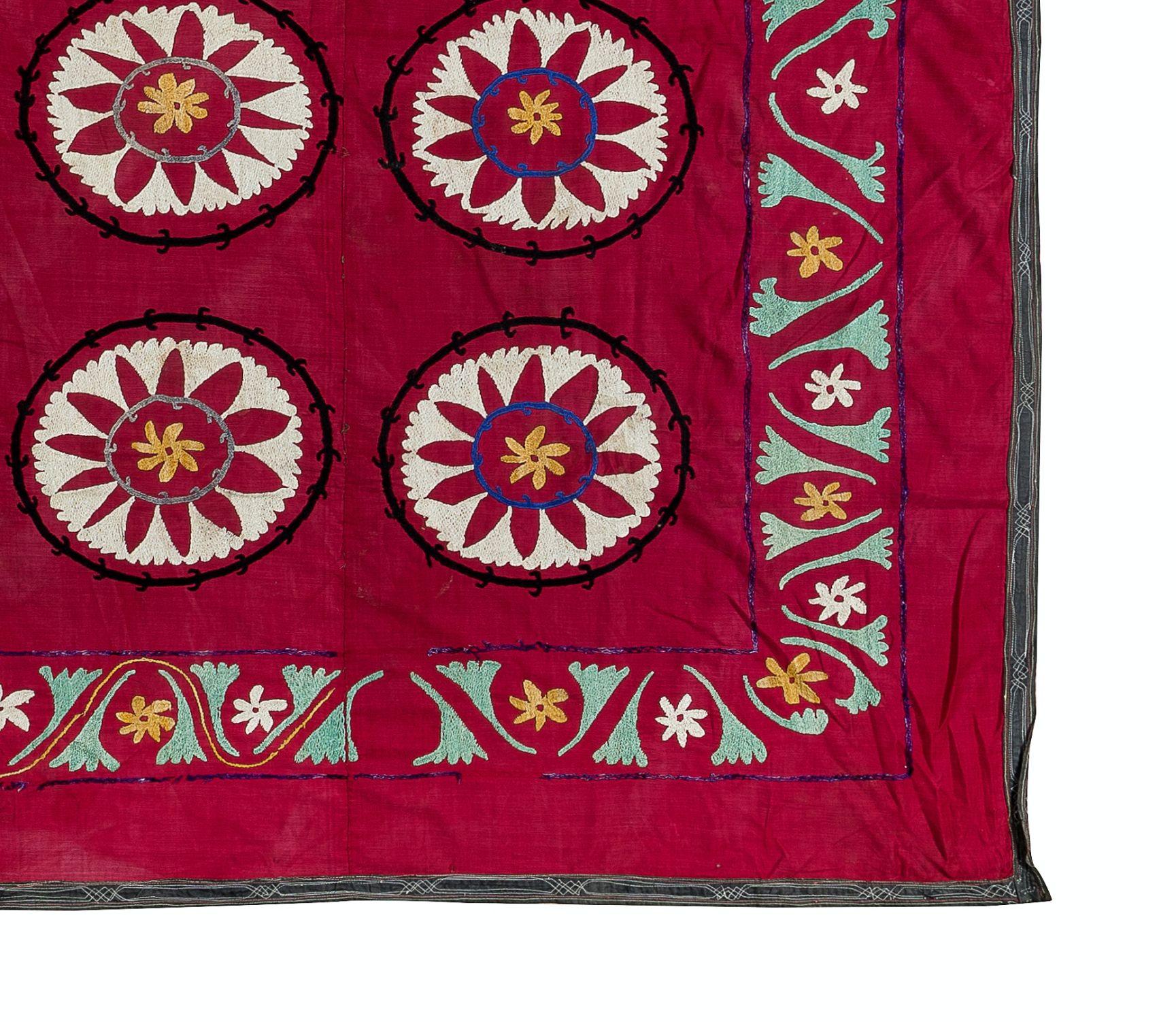 Embroidered 6.9x6.9 Ft Silk Embroidery Bed Cover, Dark Red Wall Hanging, Vintage Tablecloth For Sale
