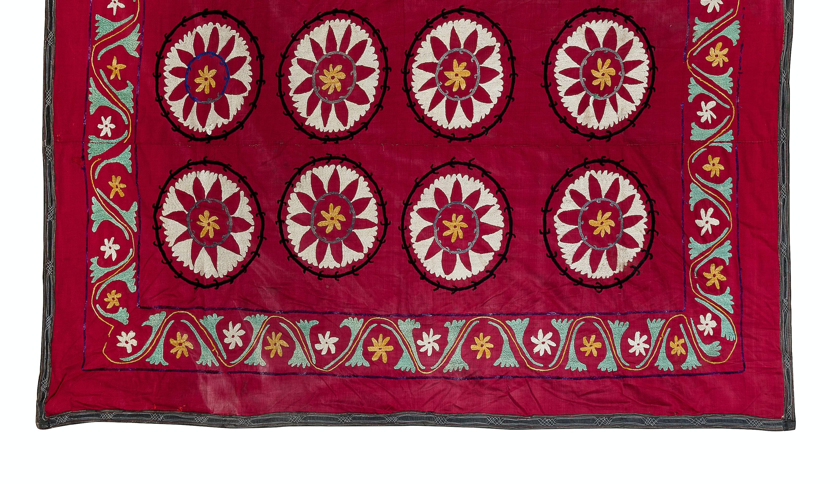 Uzbek 6.9x6.9 Ft Vintage Silk Hand Embroidery Red Bed Cover, Asian Suzani Wall Hanging For Sale