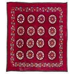 6.9x6.9 Ft Retro Silk Hand Embroidery Red Bed Cover, Asian Suzani Wall Hanging