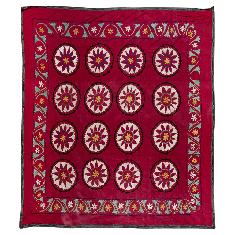 6.9x6.9 Ft Vintage Silk Hand Embroidery Red Bed Cover, Asian Suzani