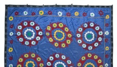 6.9x7.6 ft Cotton Suzani Bedspread, Embroidered Wall Hanging, Vintage Blue Throw
