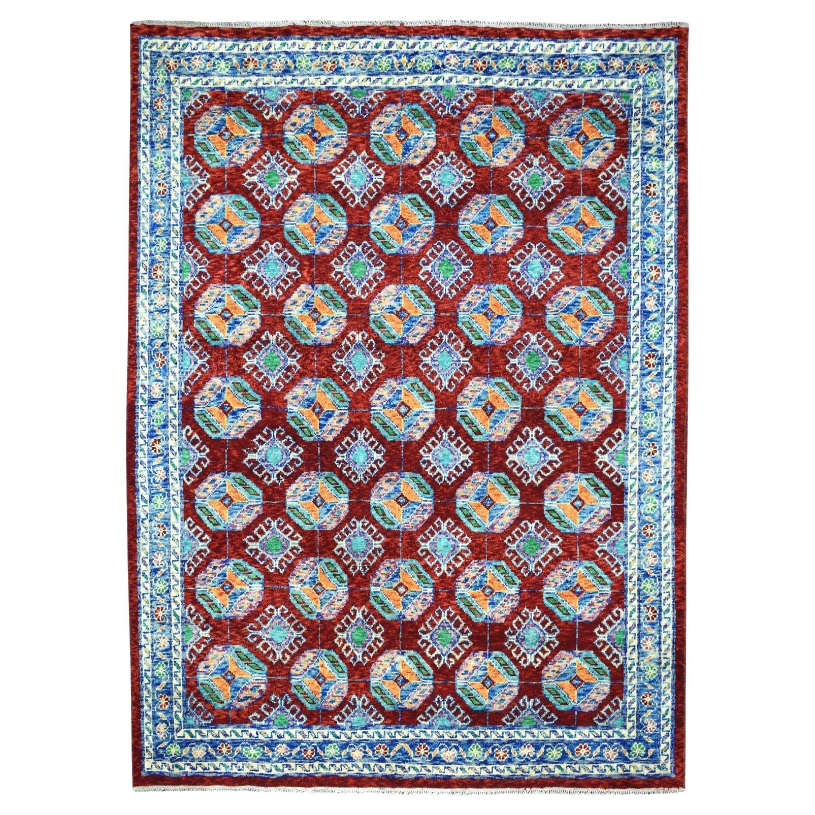 6'9"x8'7" Red Elephant Feet Design Colorful Afghan Baluch Hand Knotted Wool For Sale