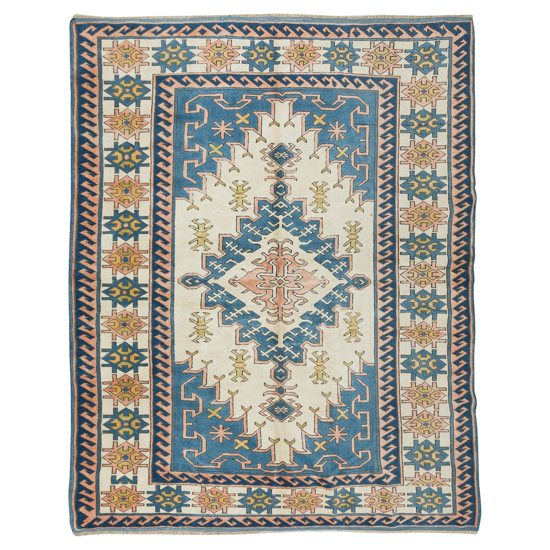 Tapis unique fait à la main de 6,9x8,8 pieds, tapis géométrique en laine d'Anatolie.