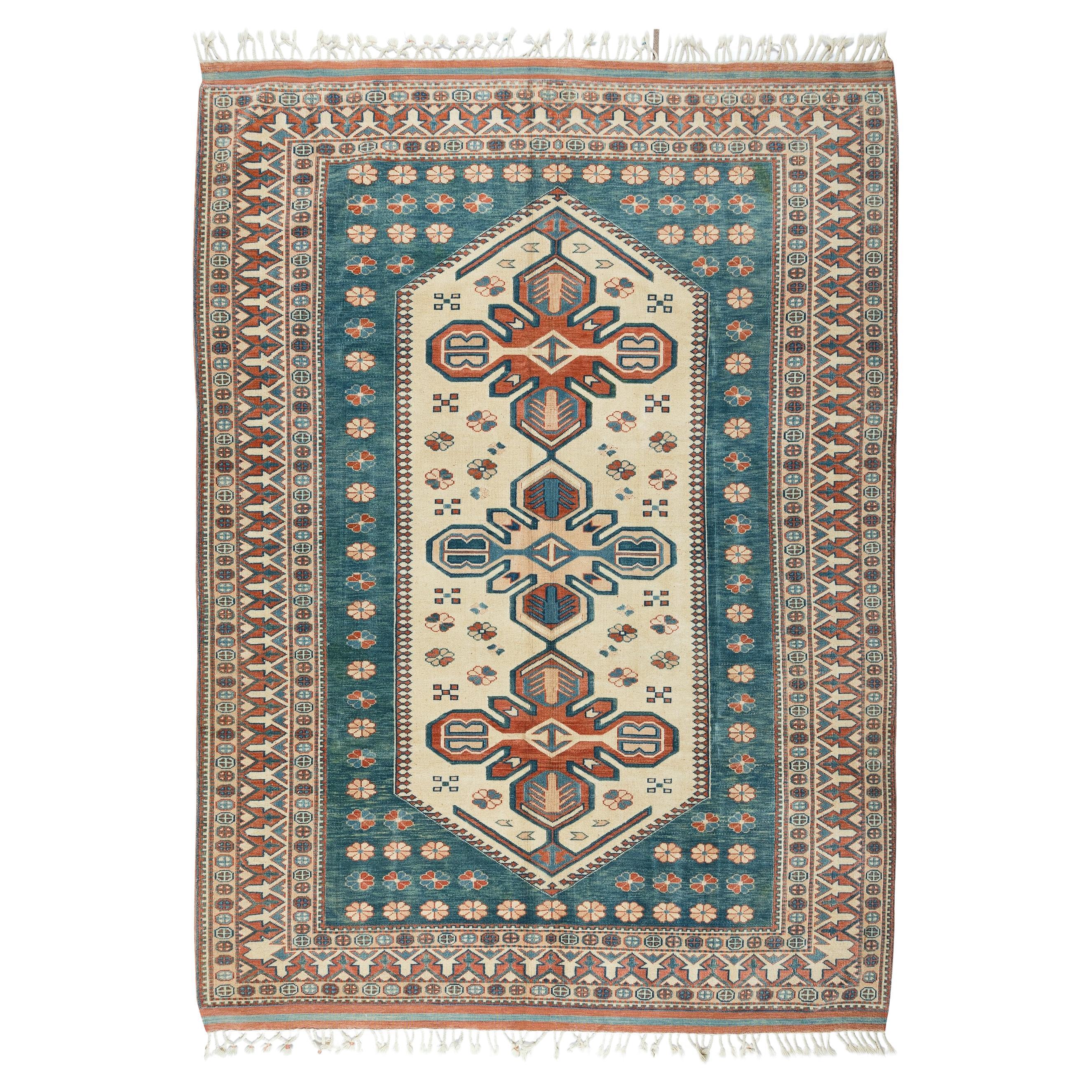 7x9.3 ft Contemporary Handmade Turkish Wool Area Rug in Green, Beige & Red Tones For Sale