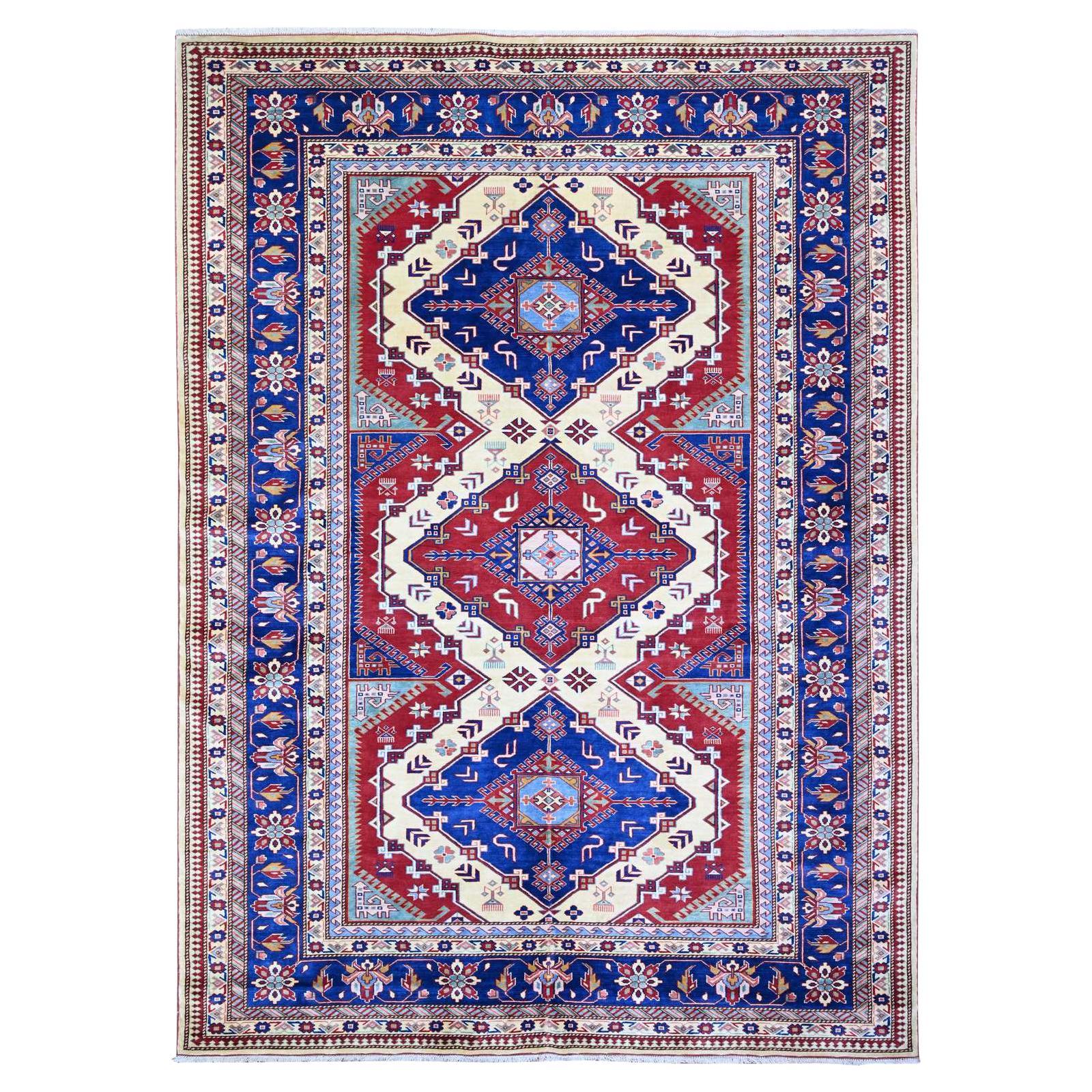 6'9"x9'4" Feather White Afghan Weave Super Kazak Pure Wool Oriental Rug For Sale