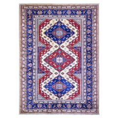 6'9"x9'4" Feather White Afghan Weave Super Kazak Pure Wool Oriental Rug