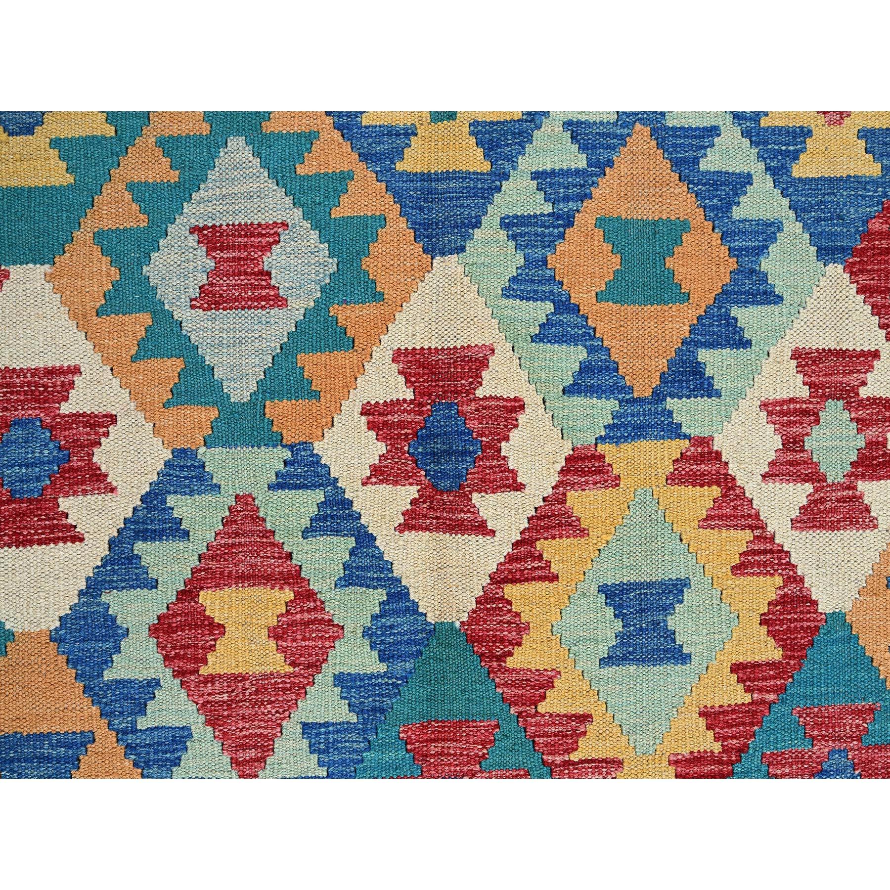 Bayern Blue, Afghan Kilim with Colorful Geometric Pattern, Vegetable Dyes, Pure Wool, Hand Woven, Flat Weave, Reversible, Oriental Rug
Primary materials: Wool
Latex: No Pile 
height: 0.25 Inches
Style: Traditional
Primary color: Blue
Secondary