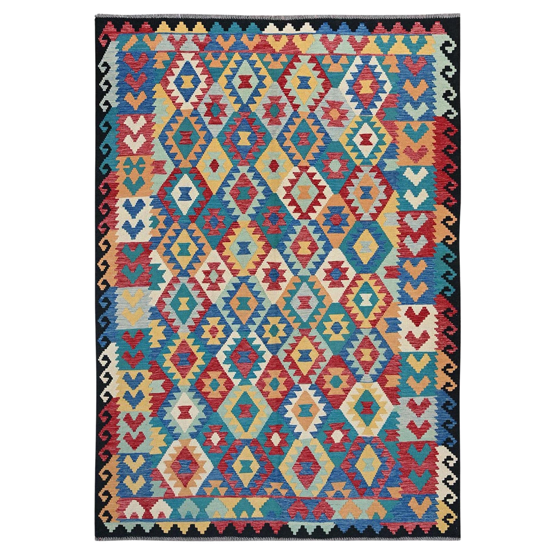 6'9"x9'8" Blue Afghan Kilim Geometric Pattern Hand Woven Flat Weave All Wool Rug For Sale