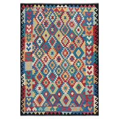 6'9"x9'8" Blue Afghan Kilim Geometric Pattern Hand Woven Flat Weave All Wool Rug