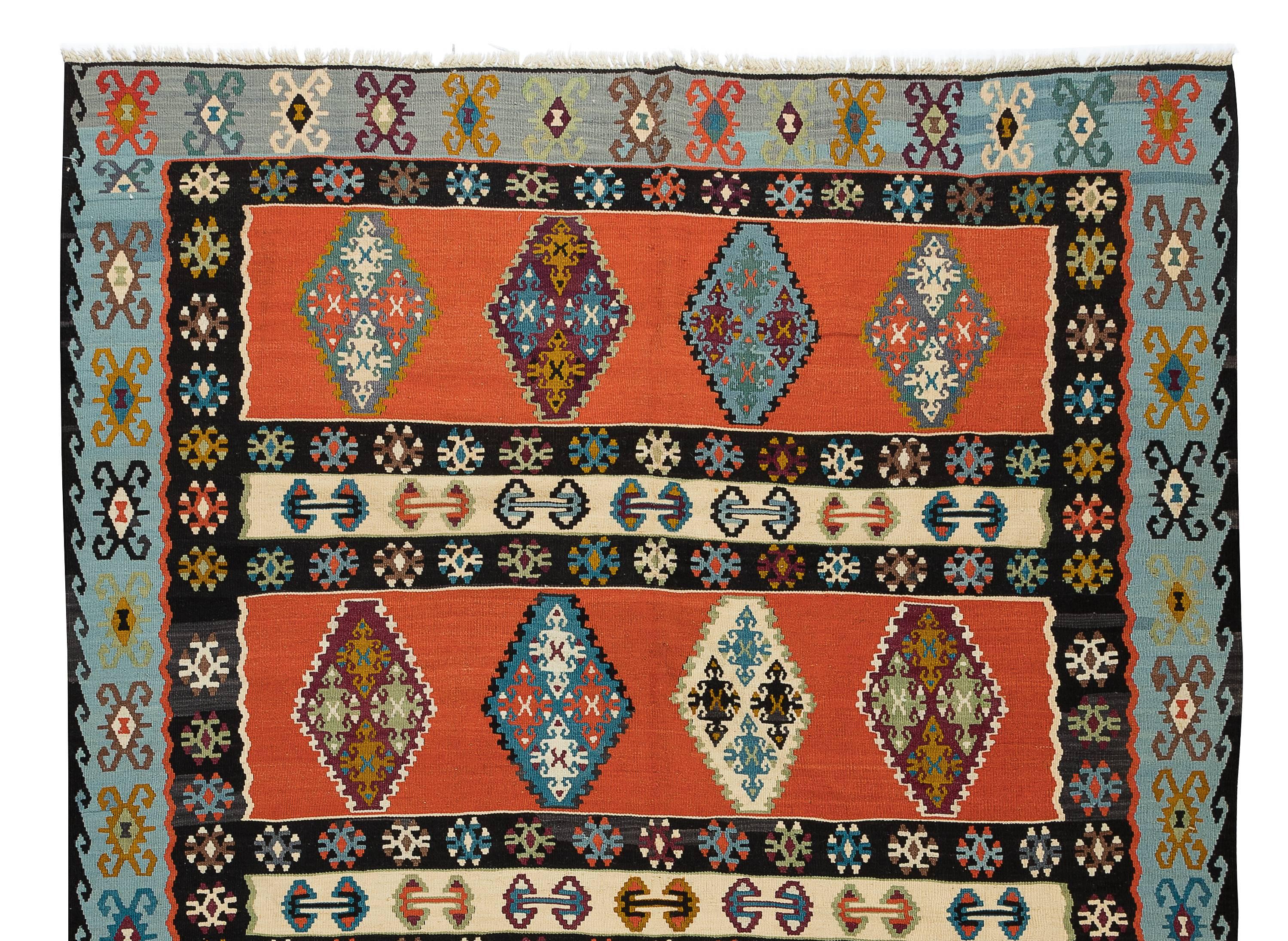 Tissé à la main 7x9.8 Ft Vintage Geometric Pattern Hand-Woven Turkish Kilim Rug & Kilim in Red & Blue en vente