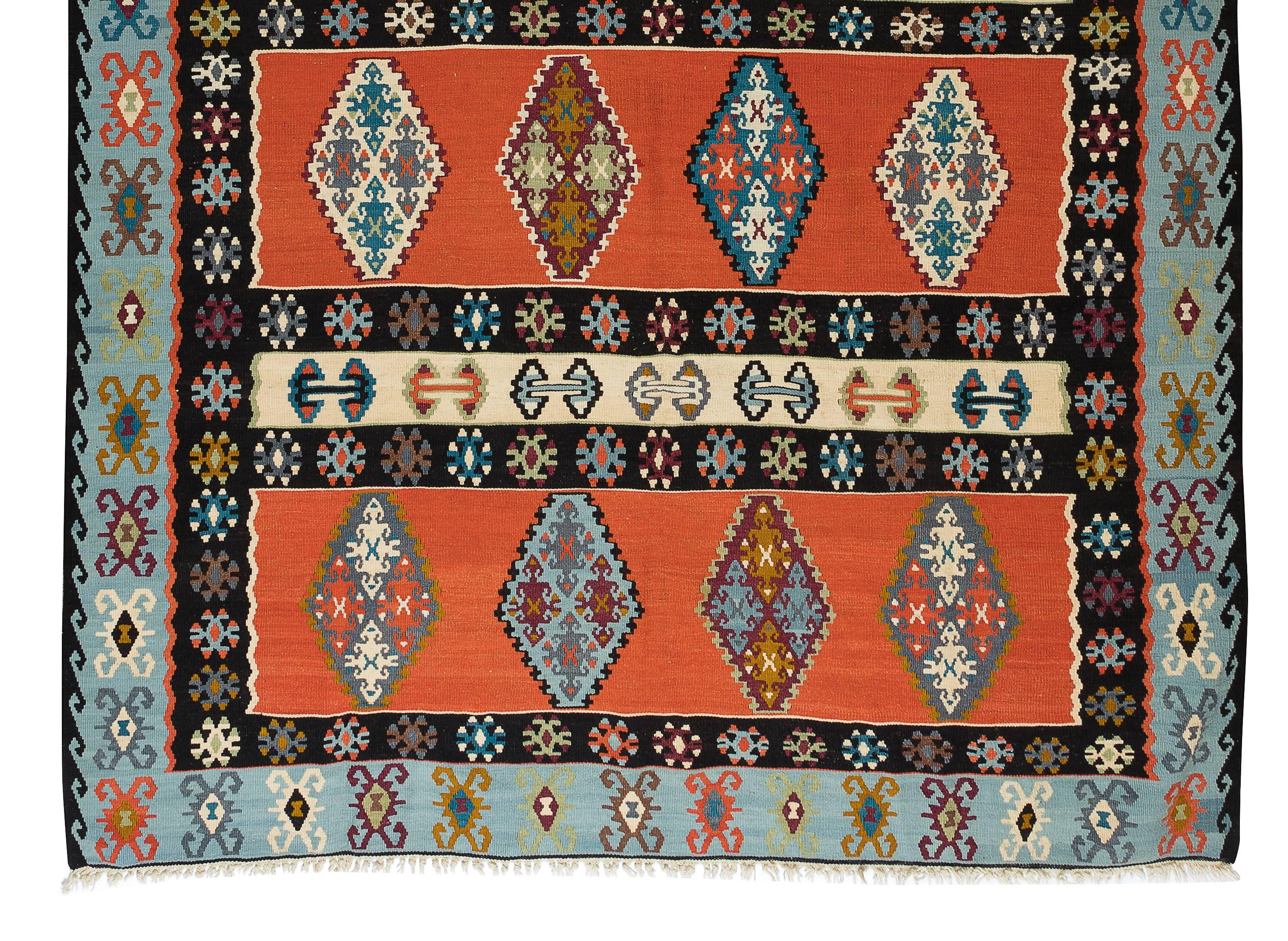 7x9.8 Ft Vintage Geometric Pattern Hand-Woven Turkish Kilim Rug & Kilim in Red & Blue Bon état - En vente à Philadelphia, PA