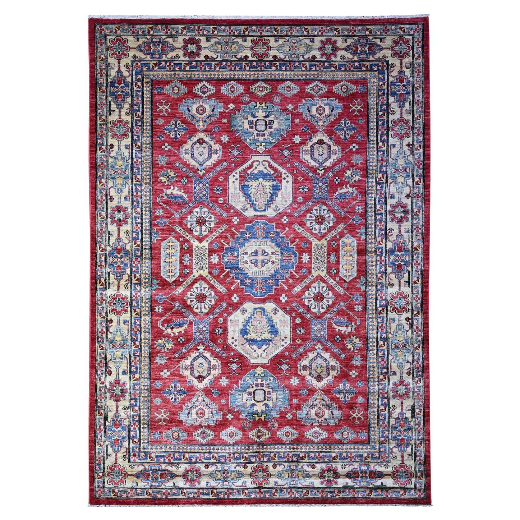 6'9 "x9'9" Rufous Red Wool Afghan Super Kazak Geometric Elements Hand Knots Rugs en vente