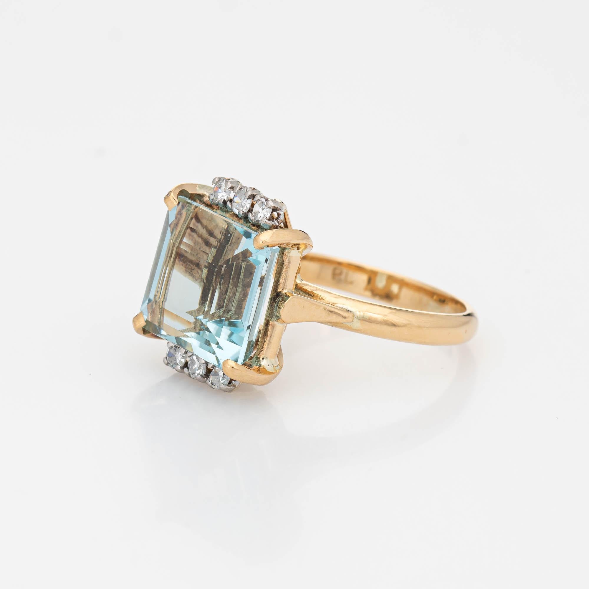 Emerald Cut 6 Carat Aquamarine Diamond Ring Vintage Cocktail 18 Karat Gold Platinum Jewelry