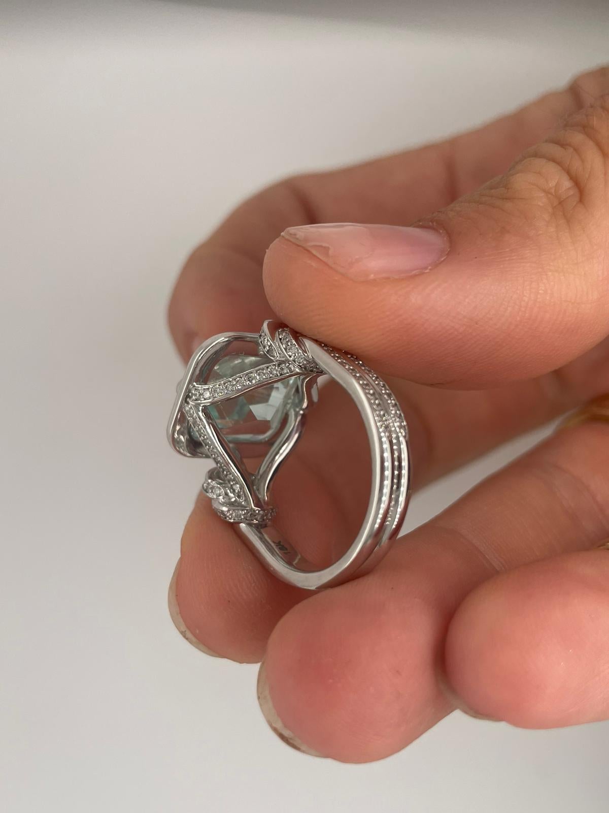 For Sale:  6ct Cushion Cut Aquamarine and Diamond Reef Knot Ring 11