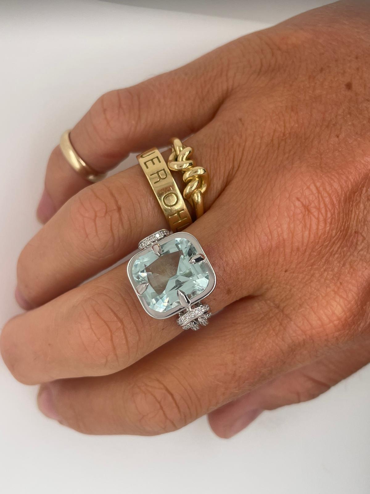 For Sale:  6ct Cushion Cut Aquamarine and Diamond Reef Knot Ring 16