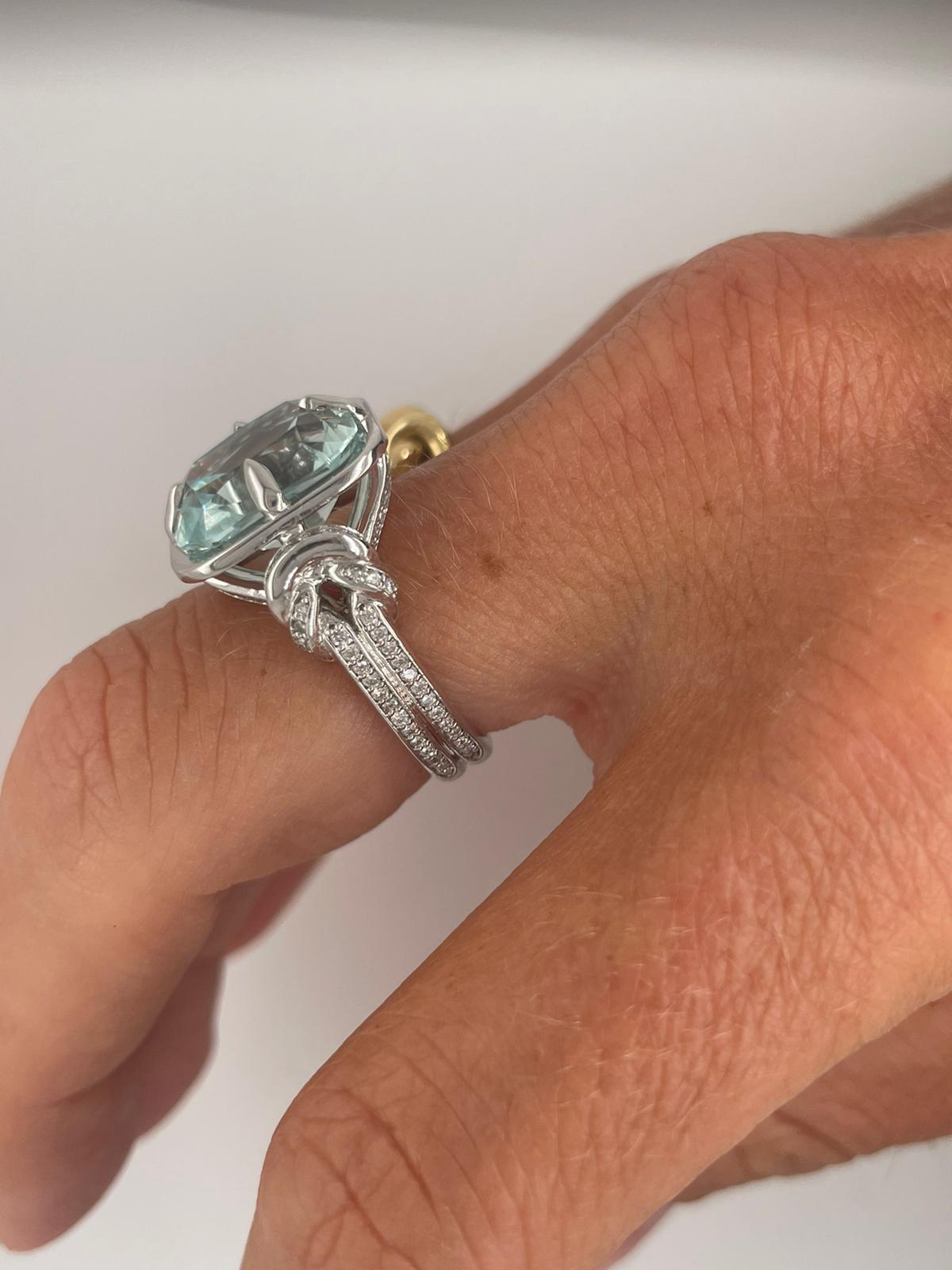 For Sale:  6ct Cushion Cut Aquamarine and Diamond Reef Knot Ring 20