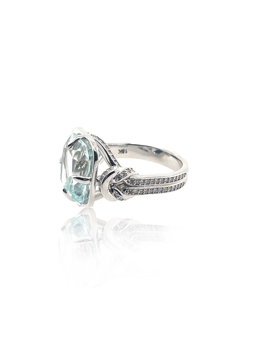 For Sale:  6ct Cushion Cut Aquamarine and Diamond Reef Knot Ring 4