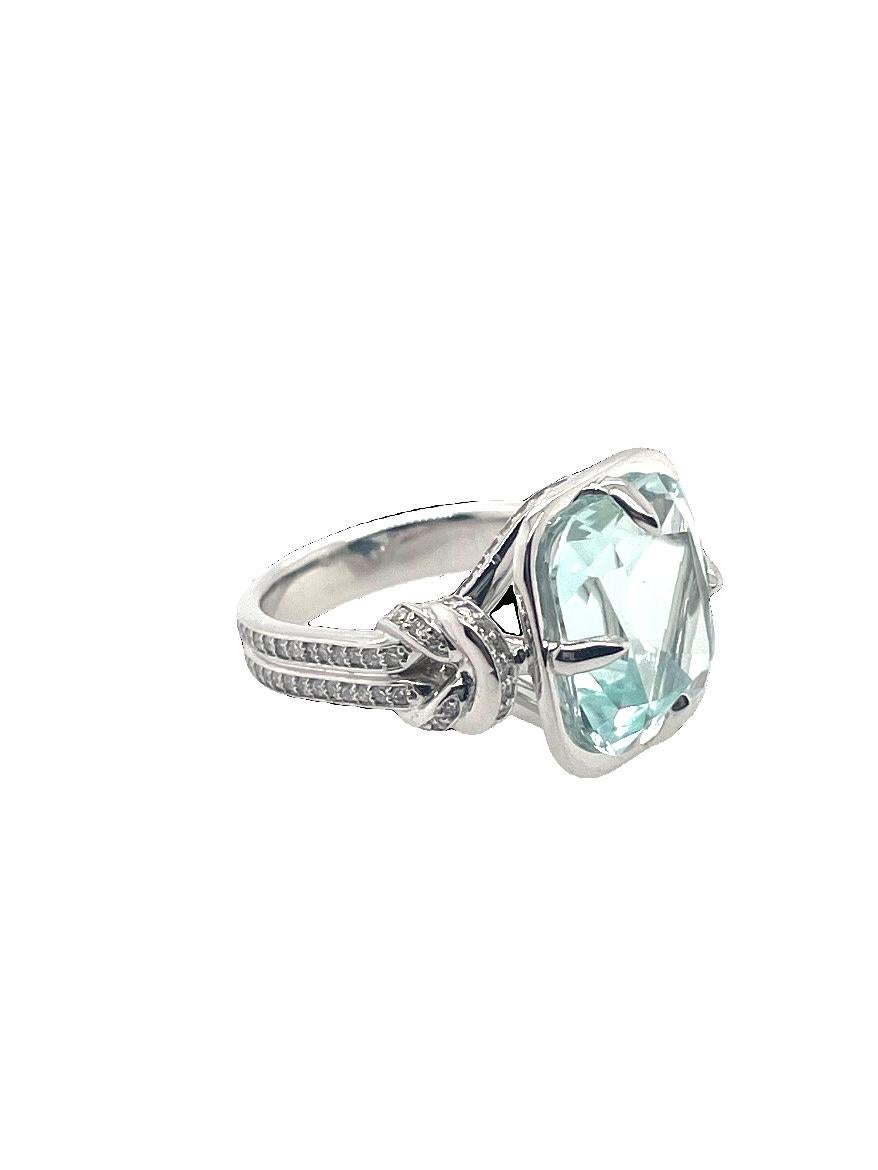 For Sale:  6ct Cushion Cut Aquamarine and Diamond Reef Knot Ring 5