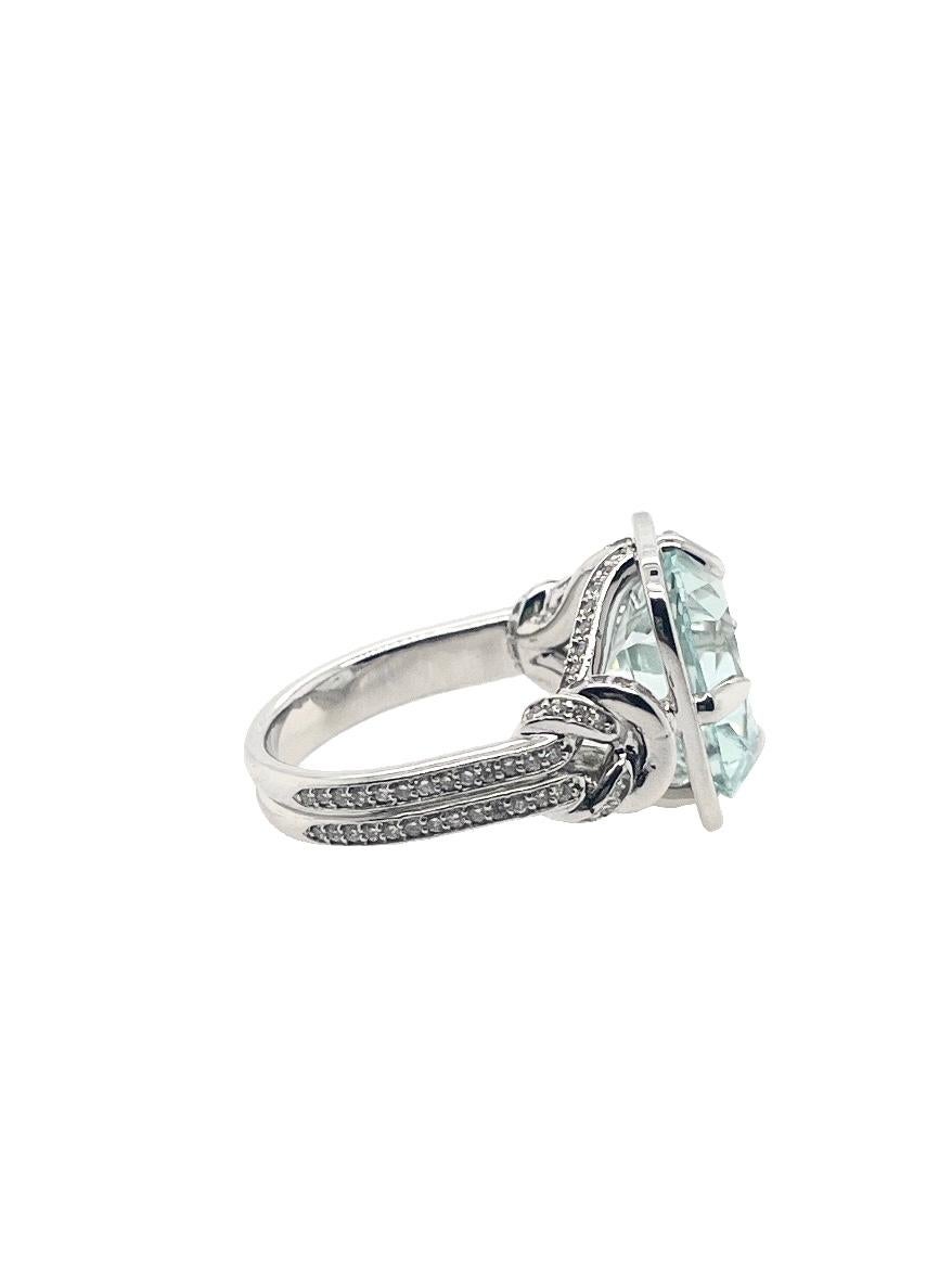 For Sale:  6ct Cushion Cut Aquamarine and Diamond Reef Knot Ring 7
