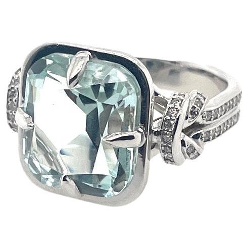 For Sale:  6ct Cushion Cut Aquamarine and Diamond Reef Knot Ring