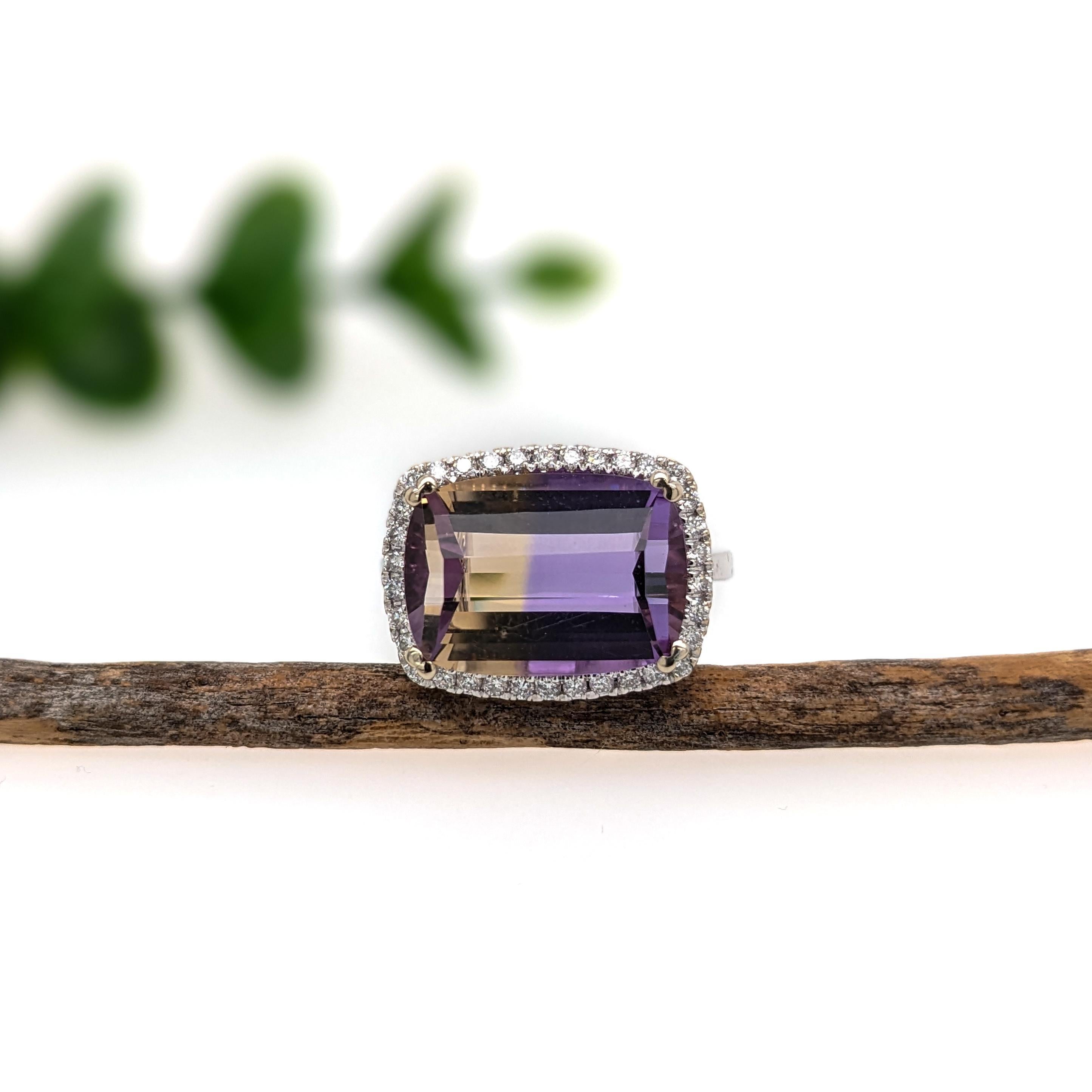 Art Nouveau 6ct East West Ametrine and Diamond Ring in Solid 14K White Gold Cushion 14x10mm