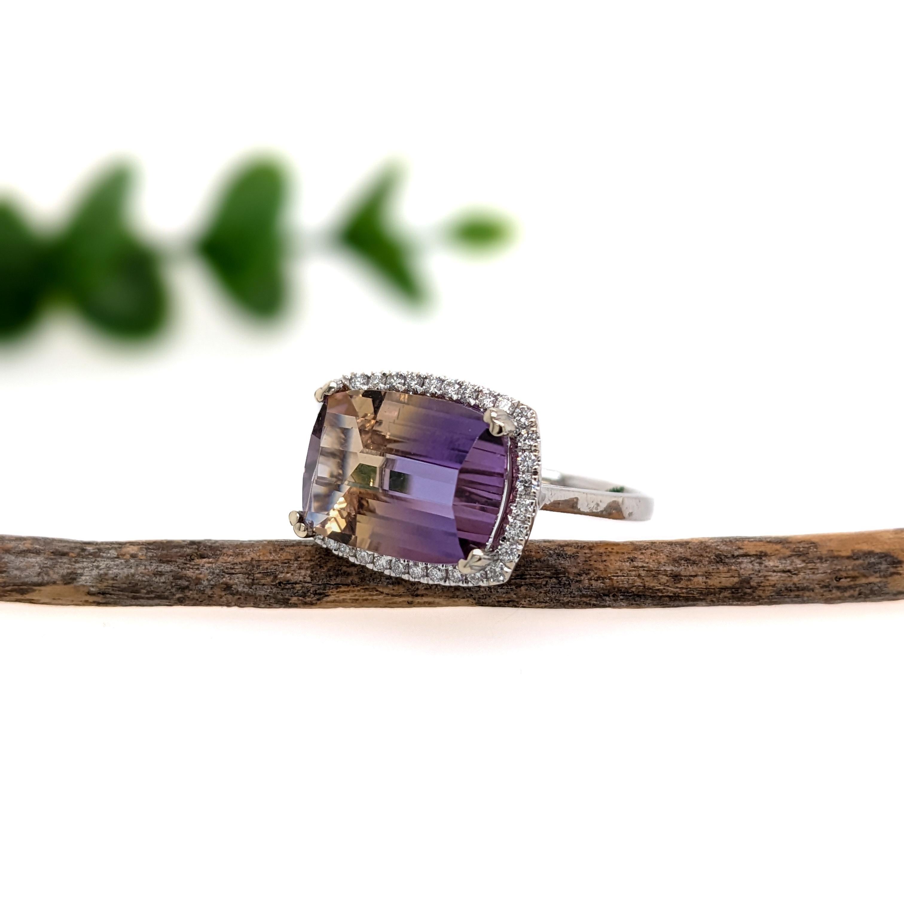 Cushion Cut 6ct East West Ametrine and Diamond Ring in Solid 14K White Gold Cushion 14x10mm