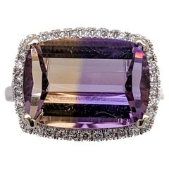 6ct East West Ametrine and Diamond Ring in Solid 14K White Gold Cushion 14x10mm