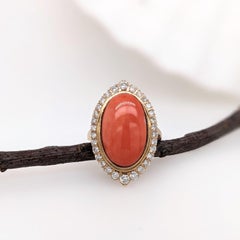 6ct Italian Coral Ring W Diamond Accents in Solid 14K Yellow Gold OV 18x12mm