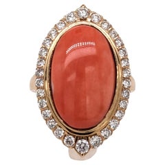 6ct Italian Coral Ring W Diamond Accents in Solid 14K Yellow Gold OV 18x12mm 6ct Italian Coral Ring W Diamond Accents in Solid 14K Yellow Gold OV 18x12mm